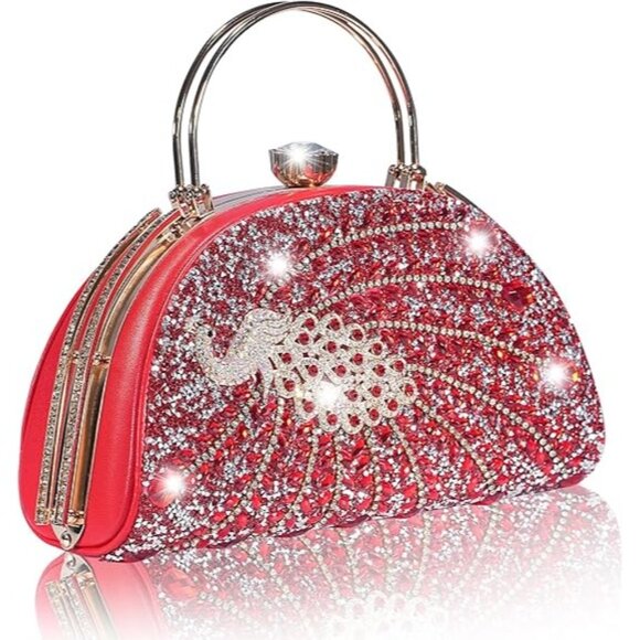 Handbags - Peacock Rhinestone Evening Purse Handbag Red Shoulder Chain Holiday Party NEW
